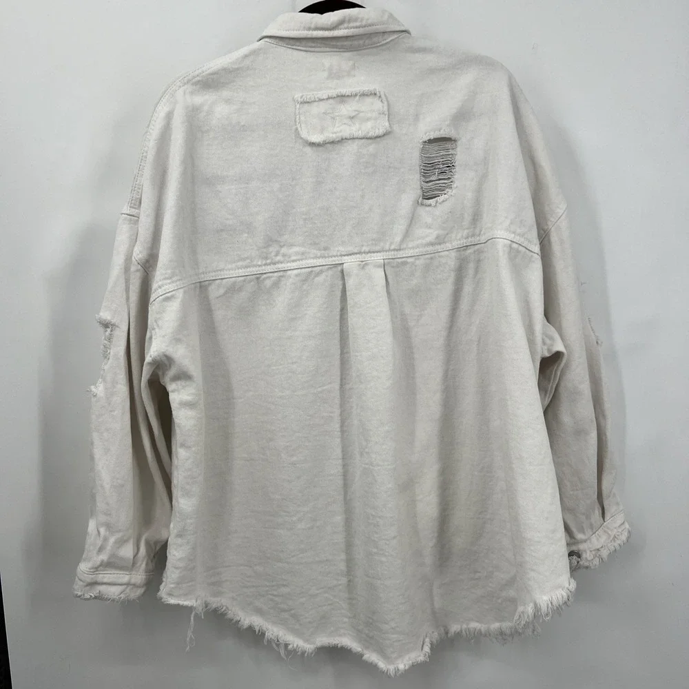 Women's Oversized Pol Thrashed White Denim‎ Jacket Sz L Grunge Punk Emo Fringe